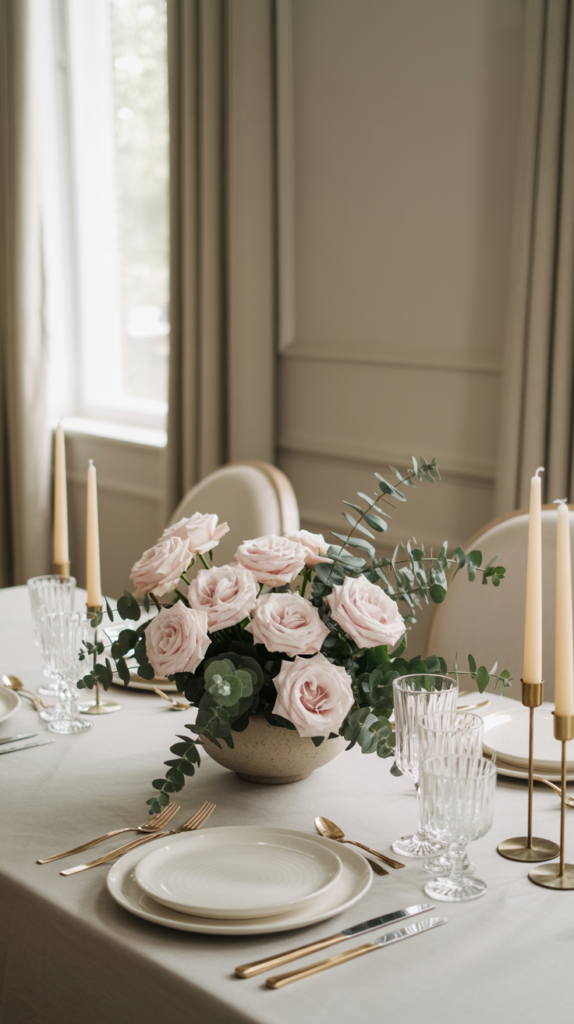 Valentine’s Day table decor featuring a simple floral centerpiece with soft roses and neutral styling.