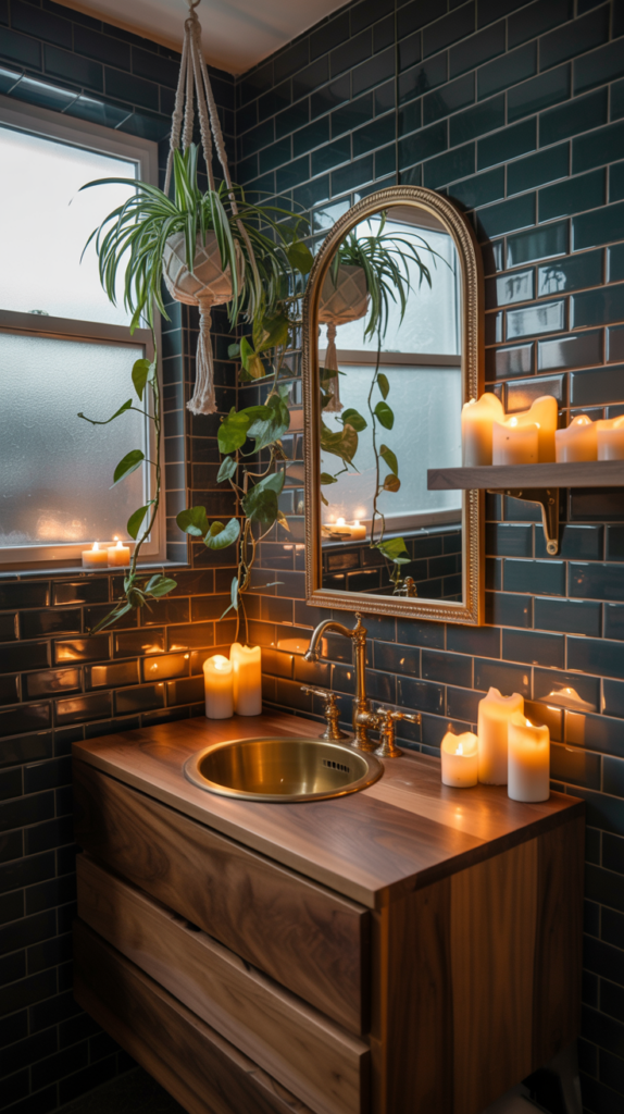 Moody modern boho bathroom with dark tiles, brass mirrors, greenery, and warm ambient lighting.
