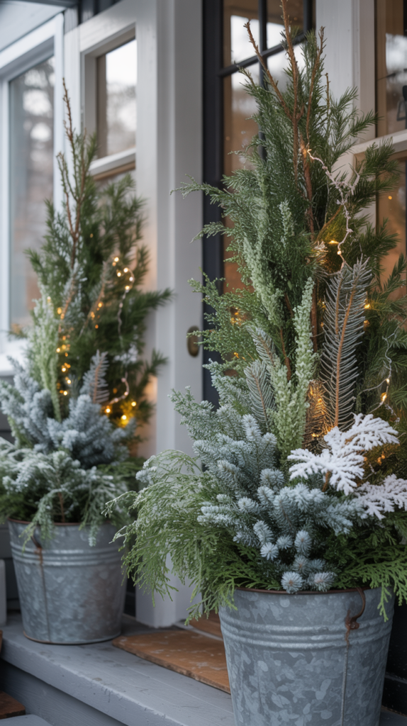 “Tall frosted evergreen planters with snow-dusted branches and fairy lights decorating a winter front porch.”
