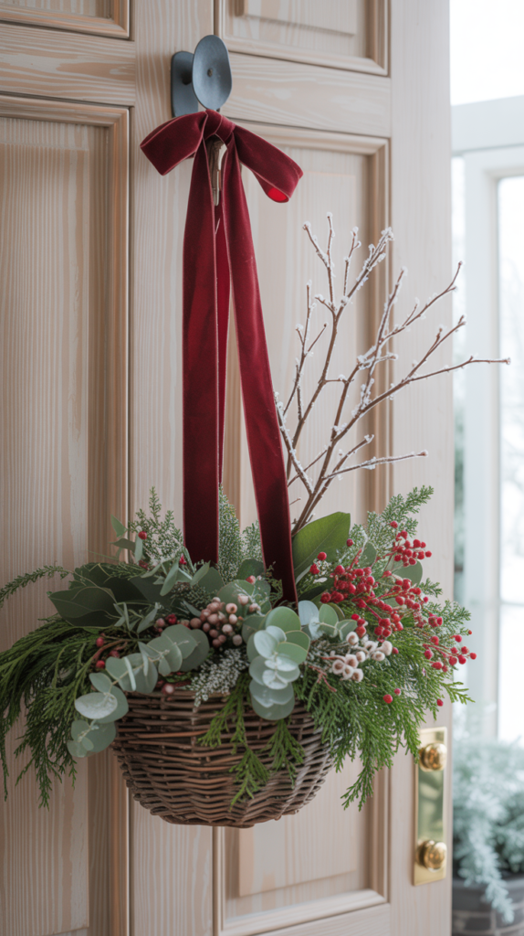 “Hanging winter door basket filled with cedar, eucalyptus, berries, and frosted twigs.”