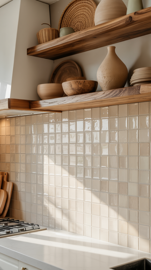“Boho kitchen with cream zellige tile backsplash, wooden shelves, and artisanal ceramics.”