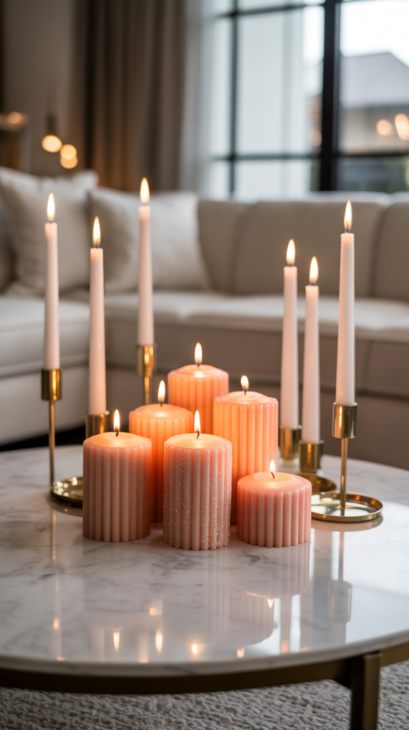 A cluster of blush pink candles and candle holders glowing softly on a marble coffee table in a cozy neutral living room.