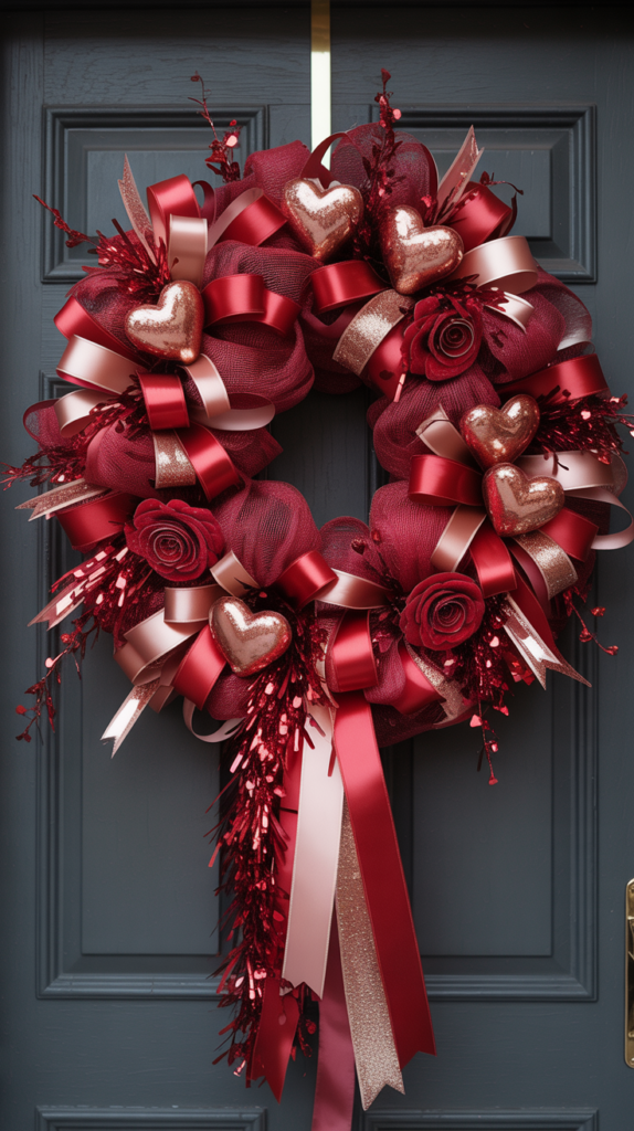 Maximalist red mesh Valentine wreath with glitter and ribbons on a dark door.