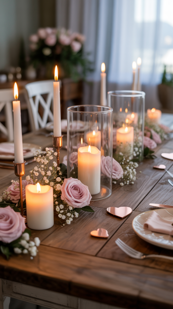 Farmhouse candle decor for Valentine’s Day with romantic lighting and soft pink accents.