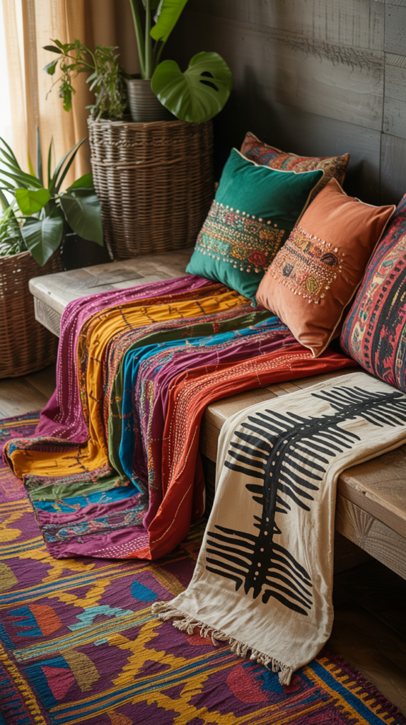 “Vintage and global textiles layered in a cozy boho seating corner.”