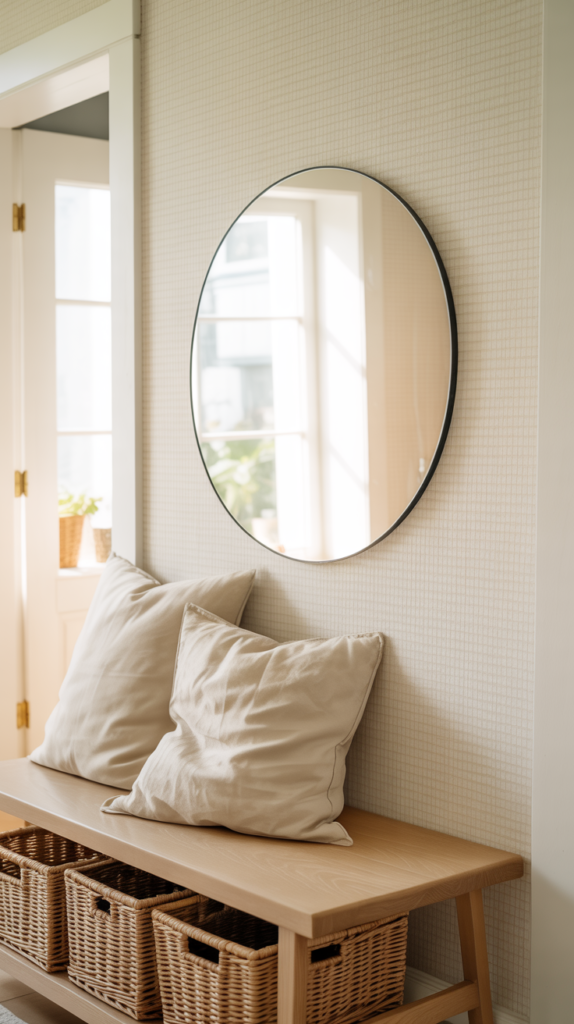 “Neutral entryway with light beige wallpaper, oak bench, and minimalist round mirror.”