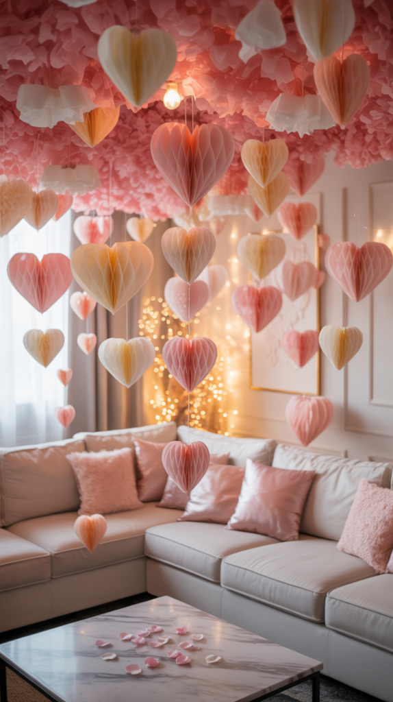 Hanging heart canopy Valentine decor with floating hearts and soft fairy lights in a room.
