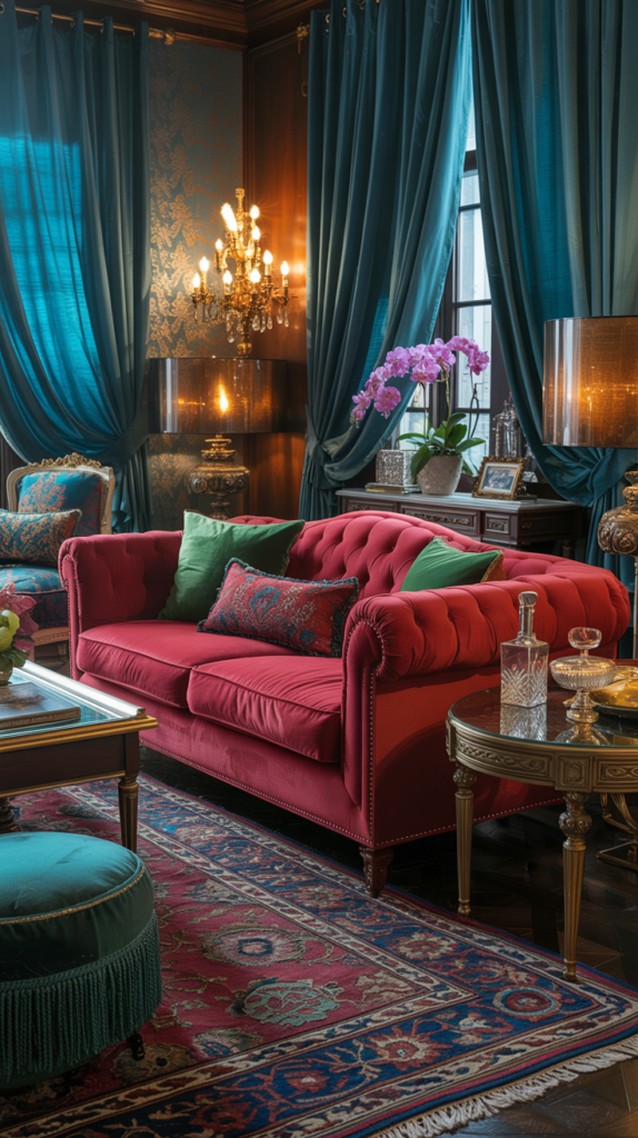 “Jewel-toned living room featuring a ruby red sofa, emerald green accents, sapphire blue textiles, and luxurious layered textures.”