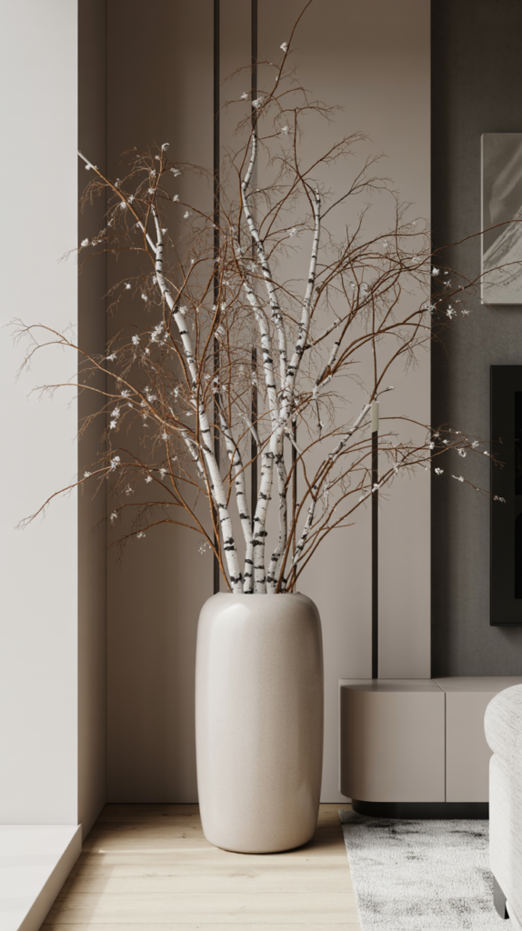 Tall vase with snowy branches placed in a minimalist winter living room corner.