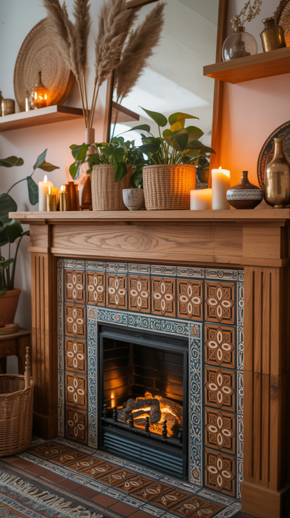 “Patterned Moroccan tile used as a boho accent on a fireplace hearth.”