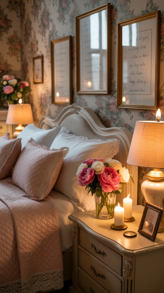 Vintage Valentine bedroom with lace bedding, roses, and soft candlelit romantic décor