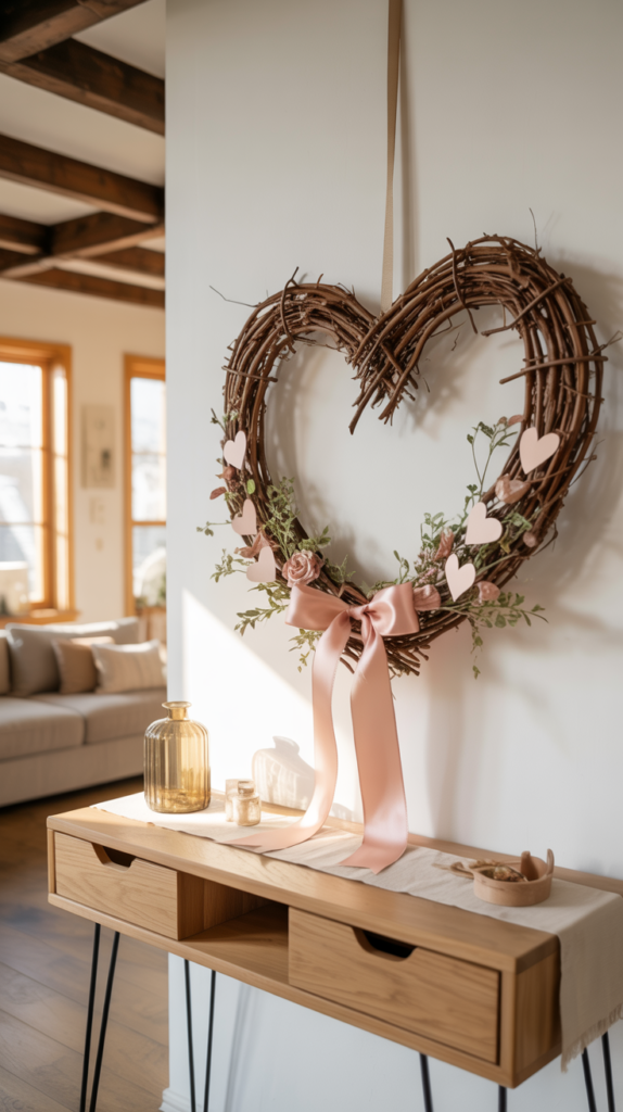 Farmhouse Valentine’s Day wall decor with red and pink heart wreath and floral accents.
