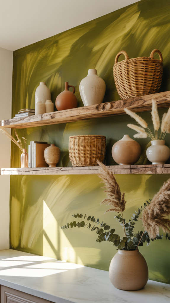 “Boho kitchen with an olive limewash accent wall, floating wood shelves, and ceramic decor pieces.”