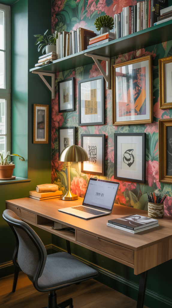 Bold wallpaper accent wall behind a desk in a maximalist home office.