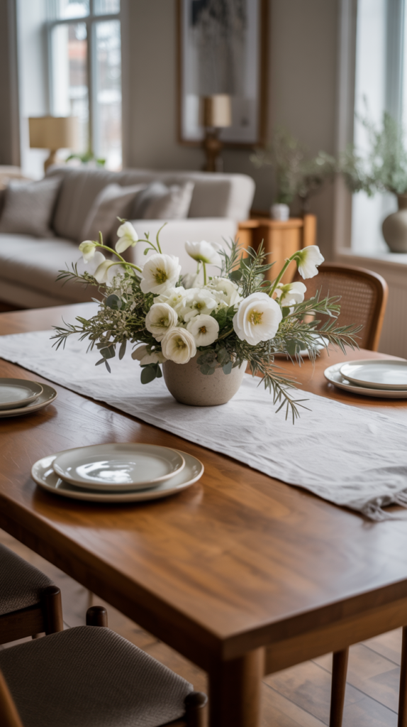 Soft white winter floral arrangement styled on a dining table in a cozy home.