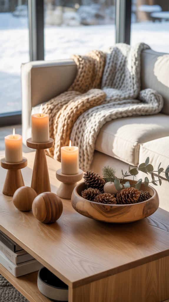 Neutral winter living room with warm wood accents styled on a light wood coffee table.