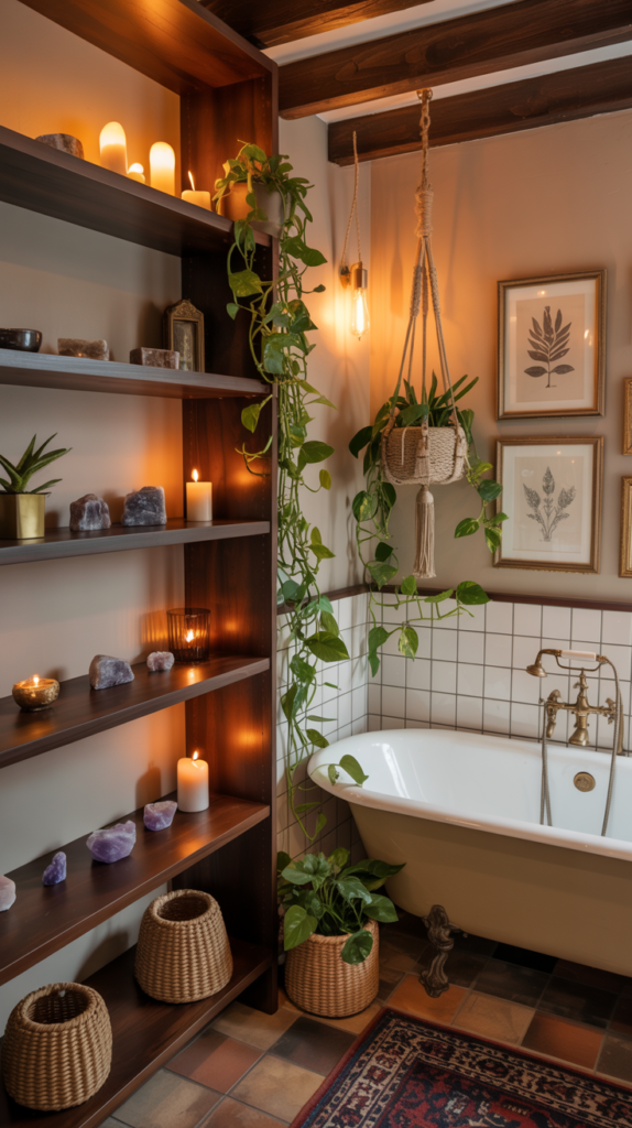 Earthy witchy boho bathroom with candles, plants, crystals, and warm wood details.