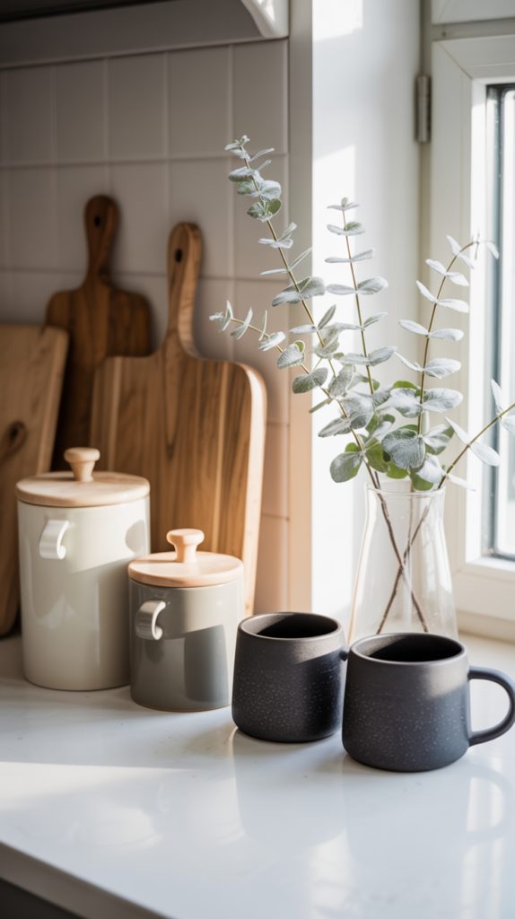 Neutral winter kitchen vignette with ceramic canisters, wooden boards, and soft greenery.