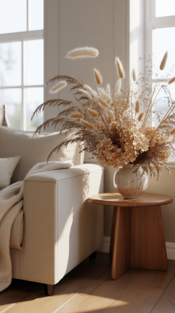 Dried winter floral arrangement styled in a cozy bedroom corner.