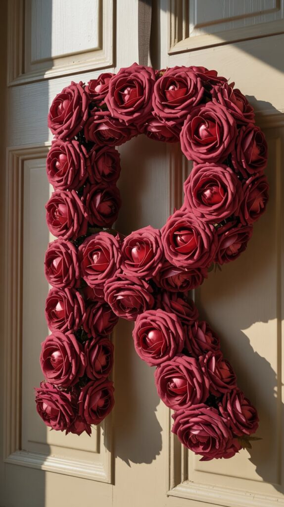 Red rose monogram Valentine wreath shaped like a letter on a neutral door.