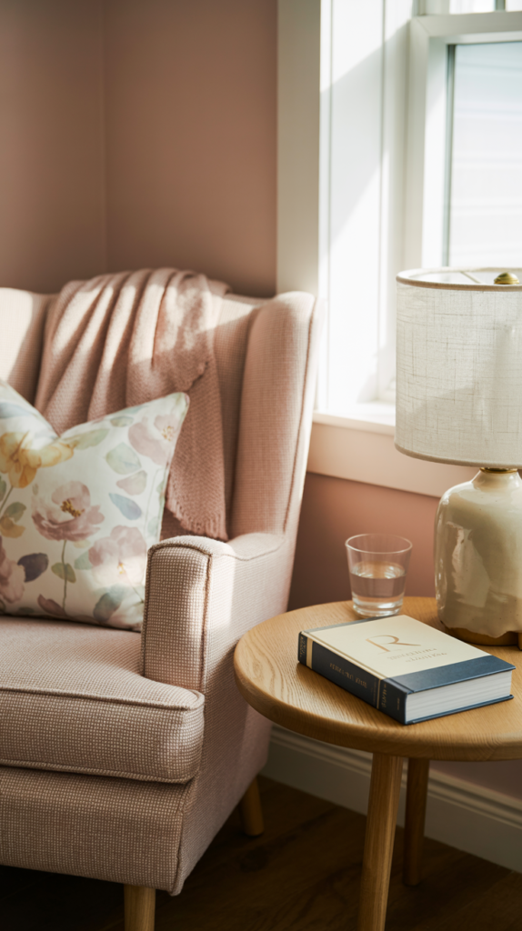 Cozy baby girl nursery nursing corner with a blush upholstered chair, oak side table, and soft lighting.