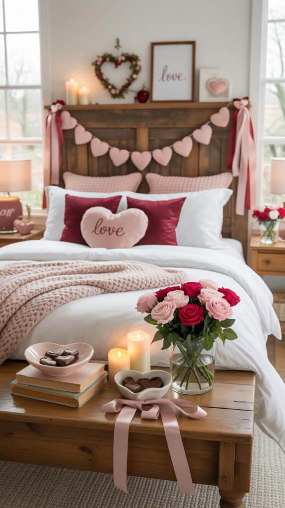Farmhouse bedroom decorated for Valentine’s Day with red and pink pillows, roses, and cozy textiles.