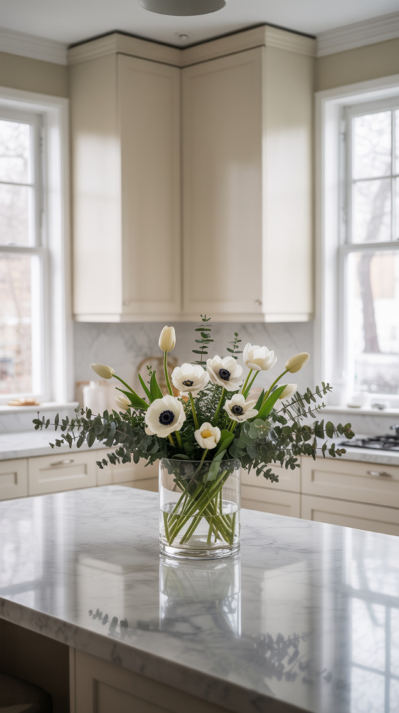 Neutral winter floral arrangement with white flowers styled in a bright kitchen.