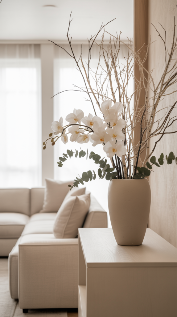Modern winter floral arrangement with branches and white flowers in a living room.