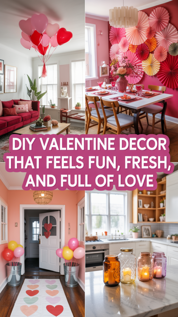DIY Valentine decor collage showing a living room with heart balloons, a dining area with a pink paper fan wall, an entryway with a painted heart floor runner and balloon buckets, and a bright kitchen with mason jar lanterns.