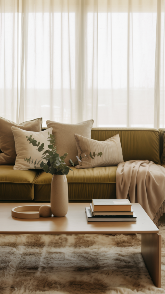 Warm olive and beige living room with a green sofa, neutral pillows, and soft daylight creating a calm upscale interior.