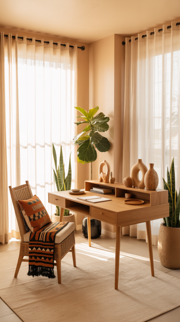 Afro-BoHo workspace with warm textures, natural materials, and cultural decor.
