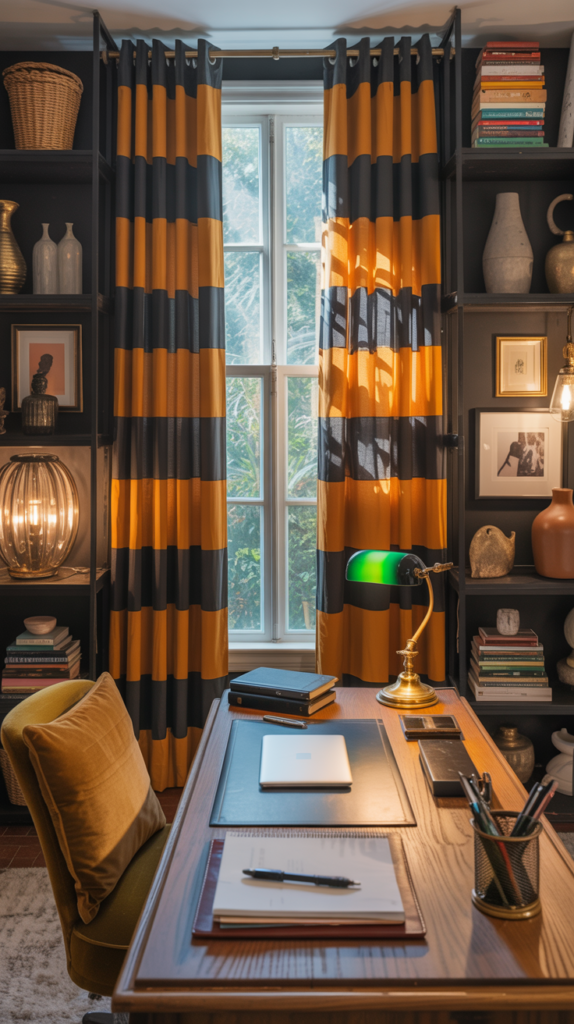 Maximalist home office with bold patterned curtains, a functional desk, and warm layered decor.