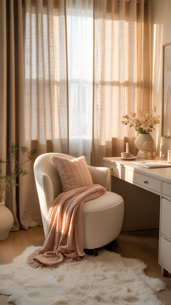 “Cozy feminine office with layered textures, boucle chair, knit throw, and soft neutrals.”