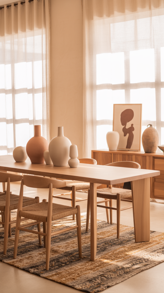 Afro-Boho dining room featuring warm wood furniture, textured decor, and Afrocentric art.