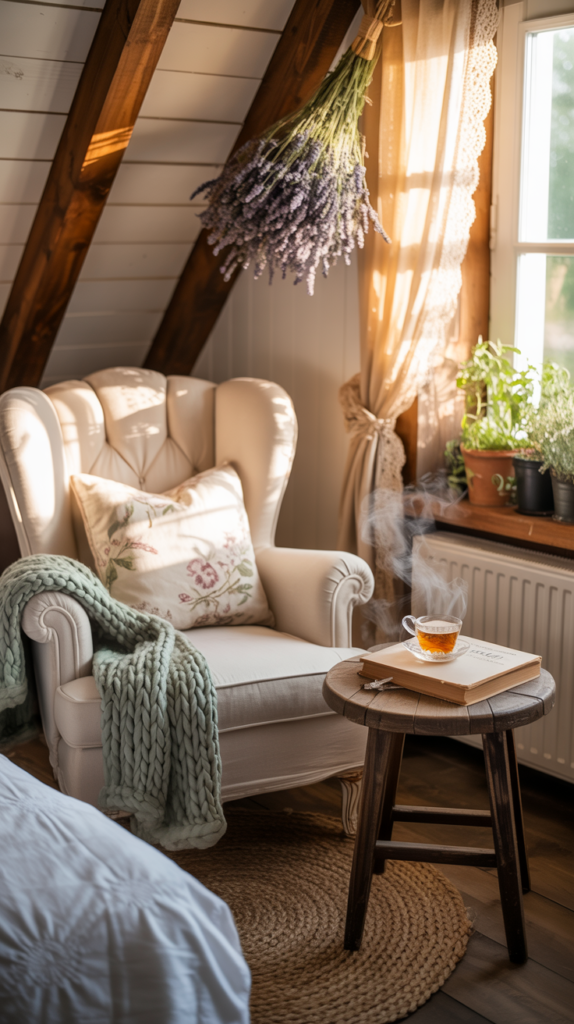 Cozy seating corner with an armchair and soft textiles in a cottagecore bedroom.