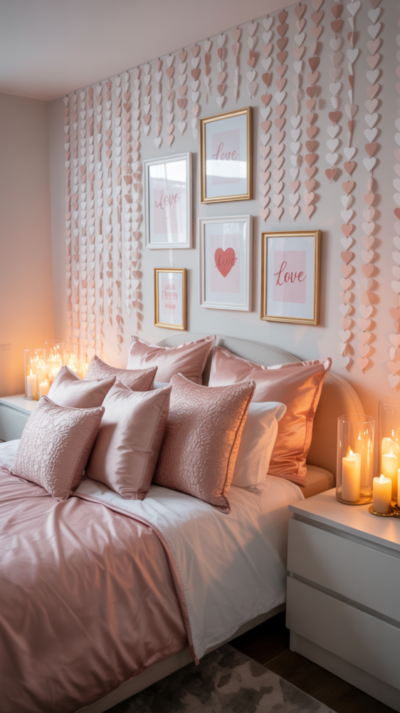 Valentine bedroom with heart garland statement wall and romantic pink and white décor