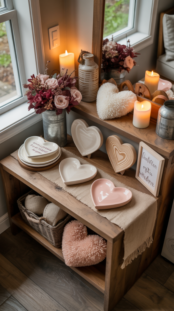 Farmhouse heart-shaped Valentine’s decor with red and pink flowers and neutral accents.