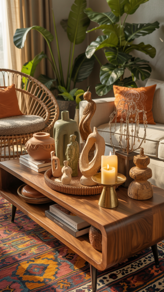 “Boho living room console styled with sculptural decor, pottery, carved objects, and textured vases.”