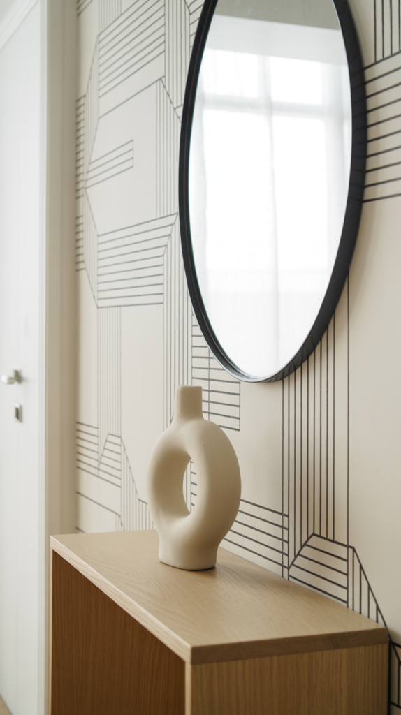 “Entryway with modern line art wallpaper, light wood console, and black round mirror.”
