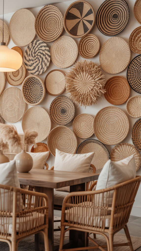 “Woven baskets displayed as wall art in a boho dining room.”