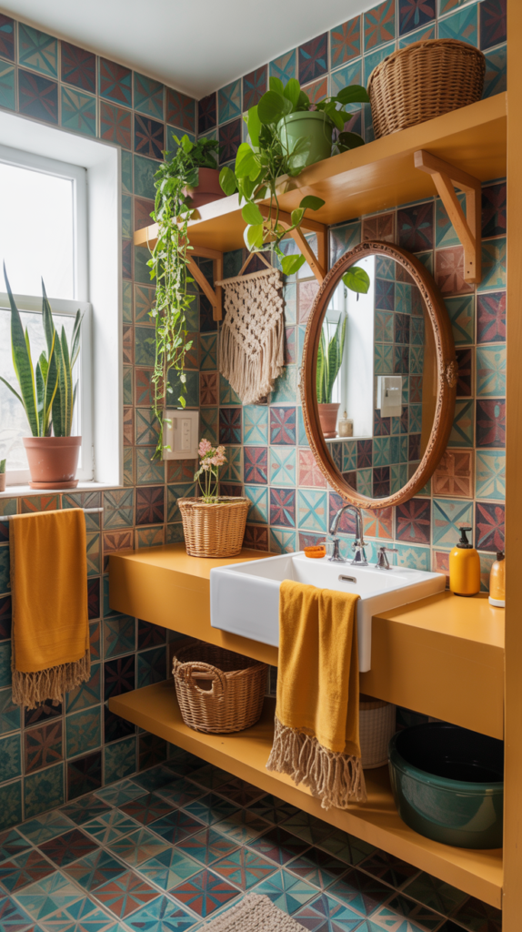 Funky colorful boho bathroom with bold tiles, bright plants, and eclectic modern decor.