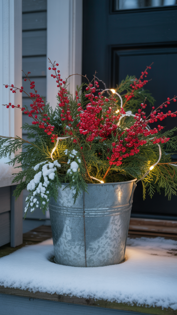 “Winterberry and cedar arrangement in a rustic metal bucket with snow-dusted ground and soft lights.”