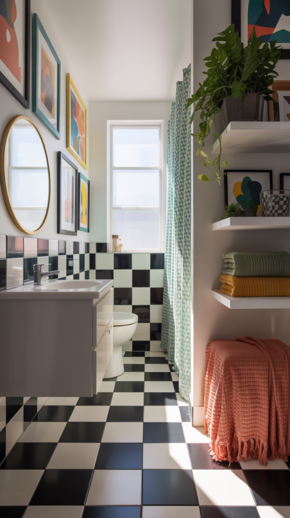 Checkerboard tile bathroom with bold pattern, colorful decor, and playful interior styling.