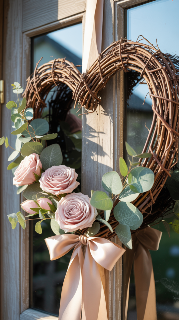 Rustic heart-shaped grapevine Valentine wreath with roses and eucalyptus on a farmhouse-style door.