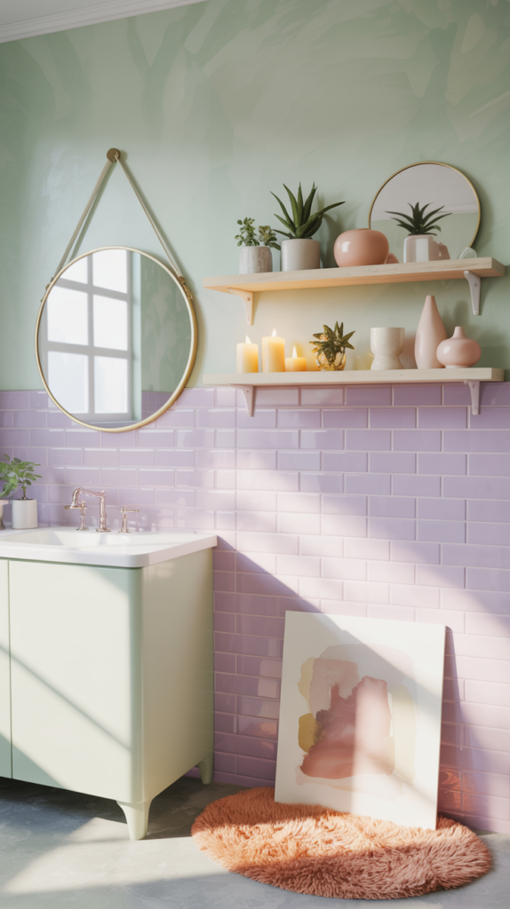 Lavender and mint bathroom with pastel colors, plants, and soft decorative styling.