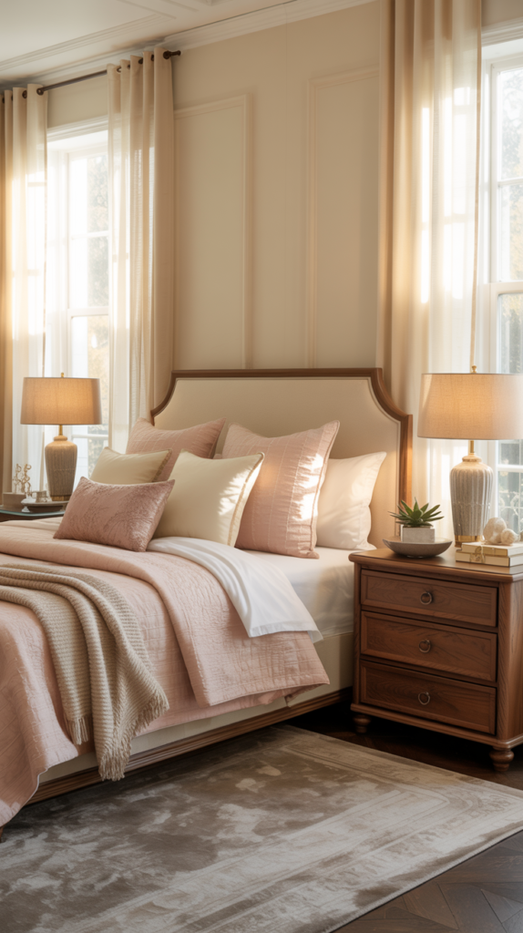 Mocha and blush bedroom with soft pink bedding, dark wood furniture, and warm natural light in an elegant home.