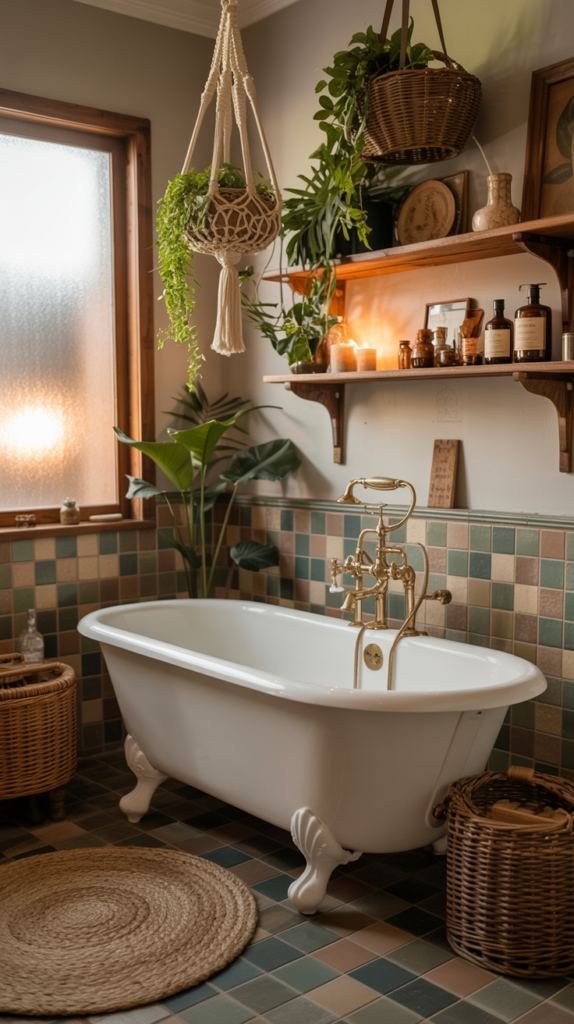 Vintage-inspired boho bathroom with a clawfoot tub, brass fixtures, and hanging plants.