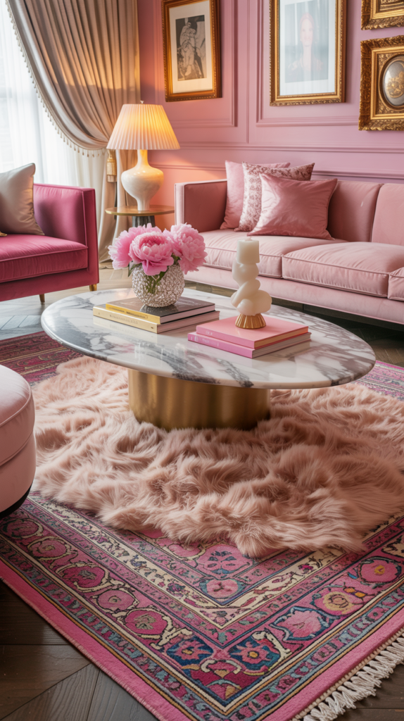 Layered pink rugs in a luxury pink maximalist living room with velvet seating, marble coffee table, and gold accents.