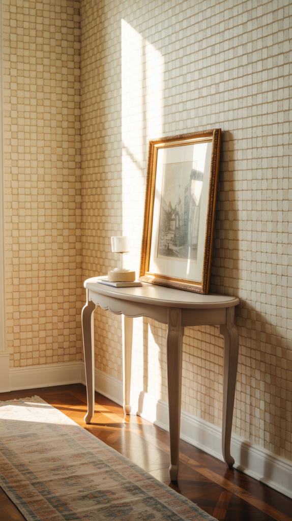 “Entryway with beige checkerboard wallpaper, oak console table, and vintage artwork.