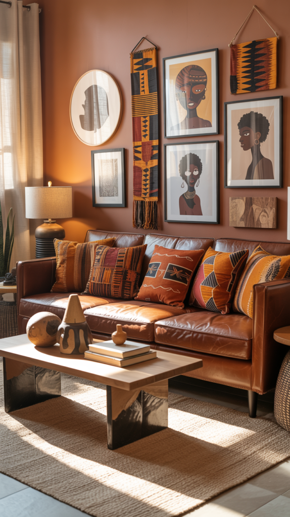 African boho living room with Afrocentric art, patterned pillows, and warm earthy decor.